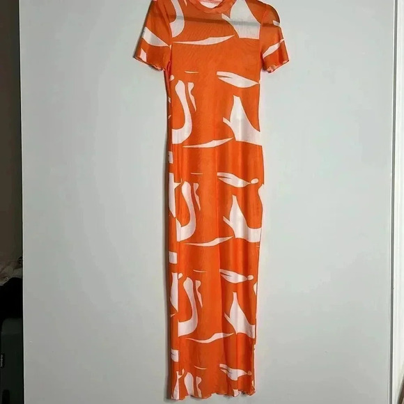 Women's Dress Color-Block Lettuce Trim Sheer Mesh Summer Dress Orange - Picture 6 of 11